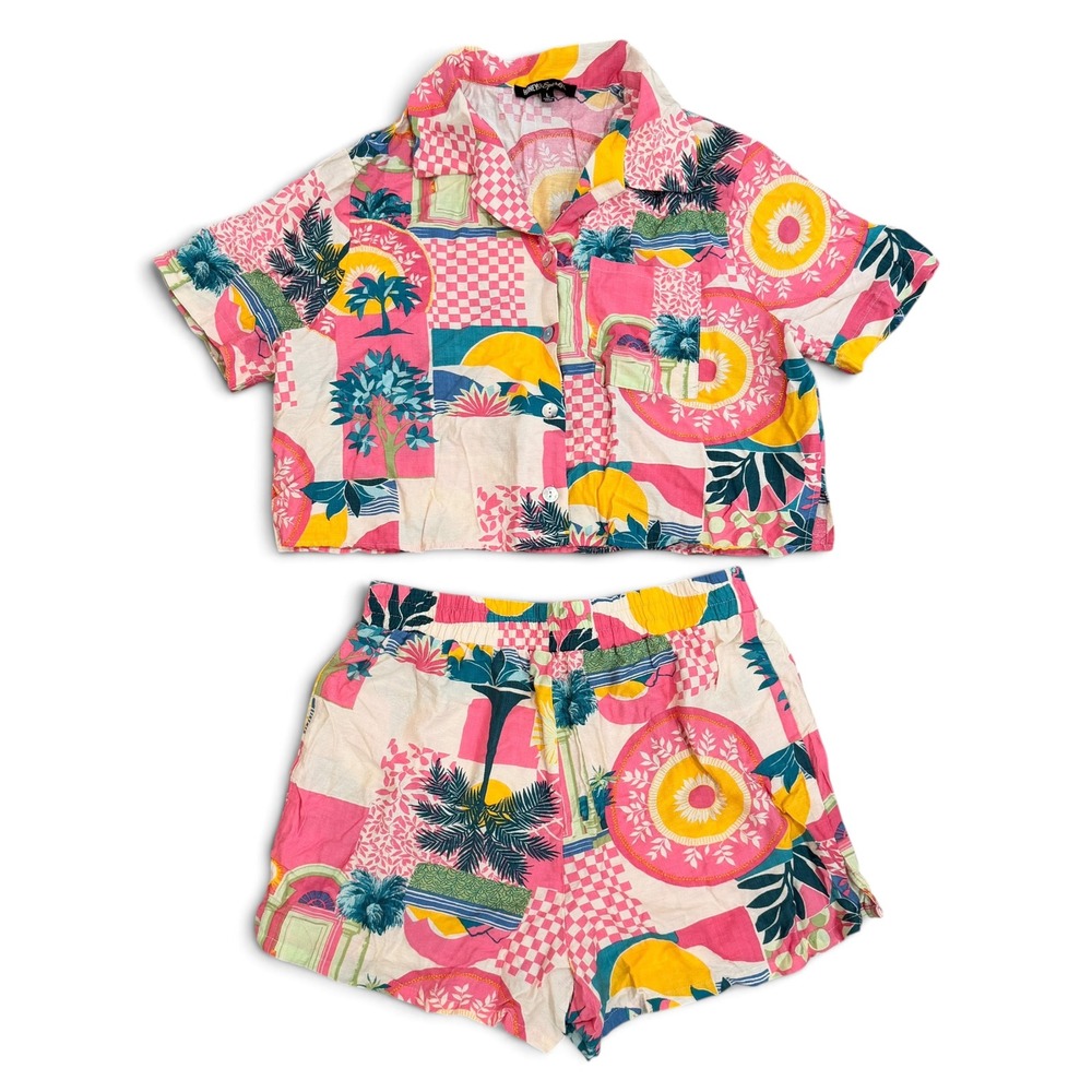 Honey & Sparkle Women Pink Tropical Patchwork Crop Top and Shorts Set Large